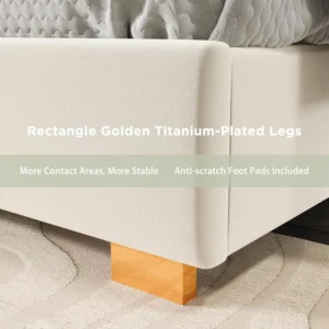 Queen Size Bed Frame and 61" Headboard, Upholstered Bed with Golden Plating Trim, Modern Platform Bed No Box Spring Needed,Cream - Image 4