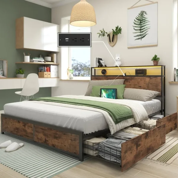 LED Bed Frame with 4 Storage Drawers, Built in Charging Station, Noise-Free/Metal Support/No Box Spring Needed, Bed Frame - Image 2