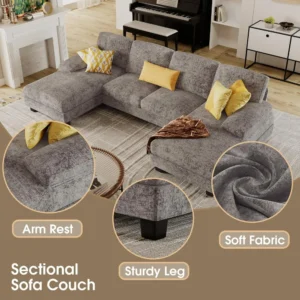Sectional Couches for Living Room, U-Shaped Sofa Couch with Linen Fabric, 4 Seat Sofa Set with Double Chaise for Apartment Grey - Image 6