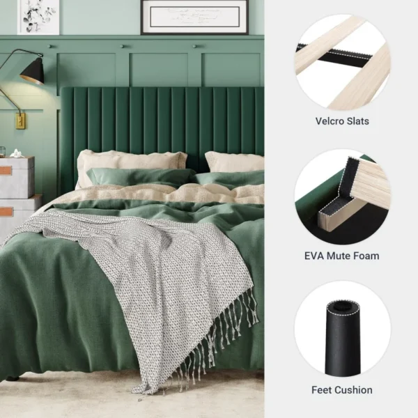 Queen Frame, Velvet Upholstered Platform Bed With Adjustable Vertical Channel Tufted Headboard, Mattress Foundation - Image 5