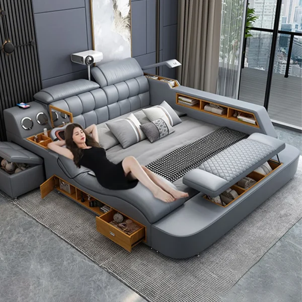 King Size Genuine Leather Bed / Tech Smart Bed / Multifunctional Ultimate Beds / Massage Bed with USB,Projecter