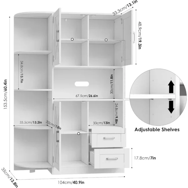 60.4" Kitchen Storage Cabinet, Freestanding Kitchen Shelves with Doors and Shelves, Dining Sideboard with Microwave Shelf, White - Image 4