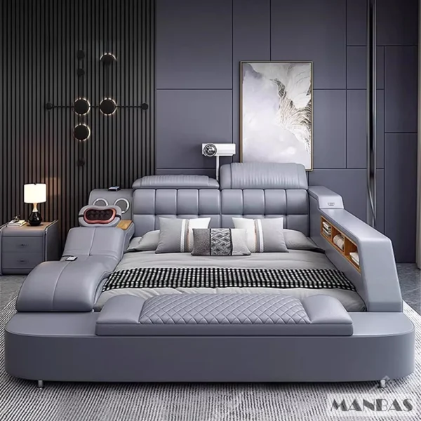 King Size Genuine Leather Bed / Tech Smart Bed / Multifunctional Ultimate Beds / Massage Bed with USB,Projecter - Image 2