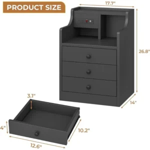 Black Nightstand with Charging Station 3 Drawers, Wood Sofa End Side Table with USB Ports and Outlet - Image 2