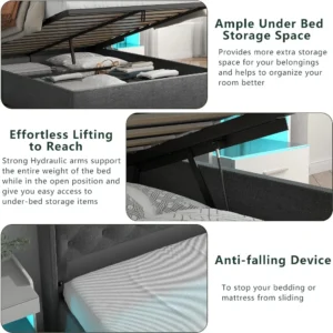 Queen Lift Up Bed Frame with Charging Station & LED Lights, Upholstered Bed with Button Tufted Wingback Storage Headboard - Image 3
