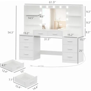 61.9" Vanity Desk Set,LED Lighted Mirror & Lights,7Large Drawer & Six Open Storage Dresser,Bedroom Dressing Table. - Image 2