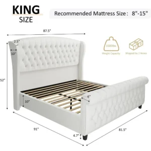 King Size Platform Bed Frame, Chenille Upholstered Sleigh Bed with Scroll Wingback Headboard & Footboard/Button Tufted,Beds - Image 2