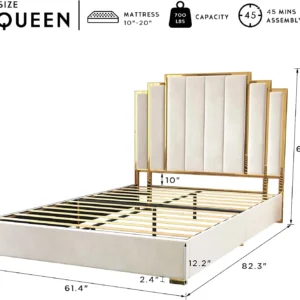 Queen Size Bed Frame and 61" Headboard, Upholstered Bed with Golden Plating Trim, Modern Platform Bed No Box Spring Needed,Cream - Image 2
