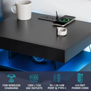 LED Nightstand Set of 2 for Bedroom with 3 Drawers, USB Port, Wireless Charging Station, Tall Wood Smart LED Nightstand - Image 3