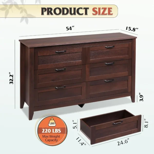 6 Drawer Dresser, Retro Chest of Drawers with Metal Handle, Double Wood Dresser for Bedroom, Living Room, Large Storage Cabinet - Image 2