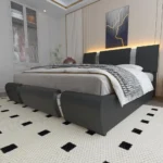Bed Frame with LED Lights, Modern Faux Leather, Adjustable Headboard, Iron Piece Decor, Wooden Slats Support, Bed Frame