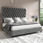 Bed Frame with Sleigh Headboard, Velvet Upholstered Platform Beds, King Size Bed Frame