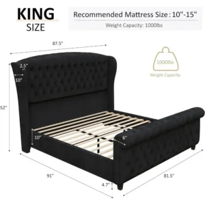 Bed Frame, Velvet Upholstered, Headboard and Headboard with Rolling Wing Back, No Springs Required, Easy To Assemble, Bed Frame - Image 5