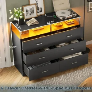 Black Dresser for Bedroom with 6 Drawers, Dressers & Chests of Drawers with Column Design & Charging Station, Modern Bedroom - Image 5