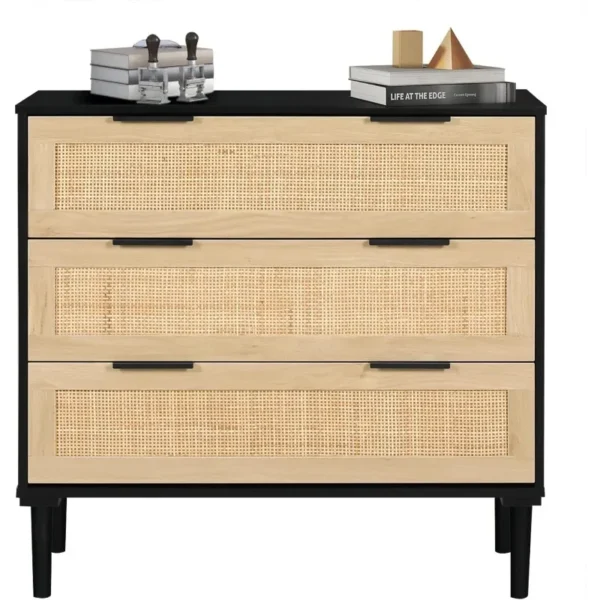 3 Drawer Dresser for Bedroom, Rattan Dresser Modern Closet Dressers Chest of Drawers, Wood Black 3 Drawer Storage Chest - Image 5
