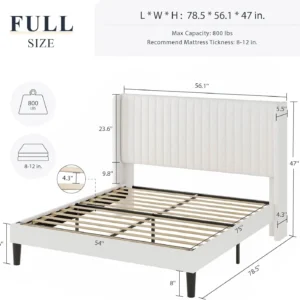 Full Size Velvet Bed Frame/Vertical Channel Tufted Wingback Headboard/Upholstered Platform Bed/Strong Wooden Slats/No Bo - Image 2