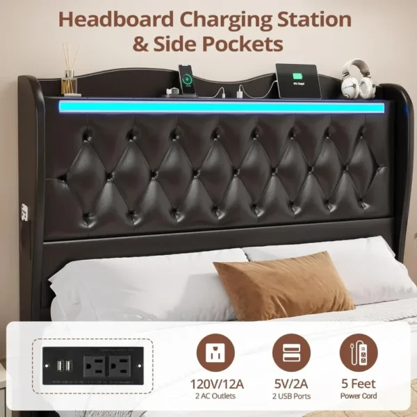LED Bed Frame Queen Size with Tall Headboard Footboard, Charging Station, PU Leather Upholstered Platform, Storage Headboard - Image 5