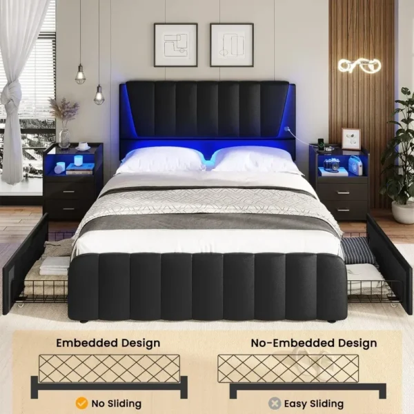 LED Full Size Bed Frame with Headboard, 4 Storage Drawers, USB Ports, Wooden Slats Support, No Box Spring Needed, Full Bed Frame - Image 2