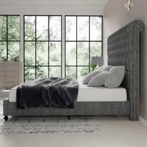Bed Frame with Sleigh Headboard, Velvet Upholstered Platform Beds, King Size Bed Frame - Image 4