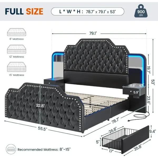 Queen Size 53” Tall Platform Bed Frame With 4 Storage Drawers Built in Charging Station & LED Bedroom Black Headboards Under Bed - Image 2