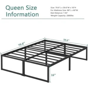 16 Inch Bed Frame, No Box Spring Needed, Heavy Duty Metal Platform Queen Size Bed Frame, Strong Steel Slats Support - Image 2