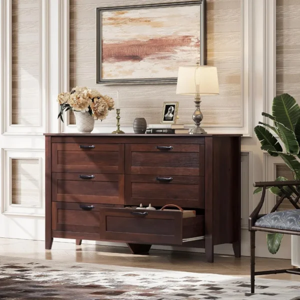 6 Drawer Dresser, Retro Chest of Drawers with Metal Handle, Double Wood Dresser for Bedroom, Living Room, Large Storage Cabinet - Image 3