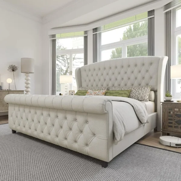 King Size Platform Bed Frame, Chenille Upholstered Sleigh Bed with Scroll Wingback Headboard & Footboard/Button Tufted,Beds