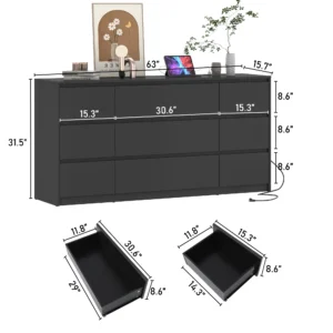 9 Drawer Dresser for Bedroom with Charging Station, 63" Modern Large Wood Chest of Drawers Handle Free, Black/White - Image 6