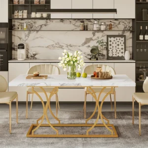 63" Luxury Dining Table Kitchen Dining Room Table Rectangle Modern Marble White Dinner Table with Gold Metel Frame for 6 People - Image 4