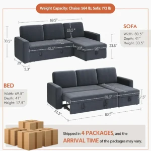 Sectional Sofa L-Shaped Sofa Couch Bed w/Chaise & USB, Reversible Couch Sleeper w/Pull Out Bed & Storage Space, Pull Out Couch - Image 3