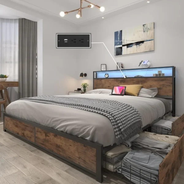 LED Bed Frame with 4 Storage Drawers, Built in Charging Station, Noise-Free/Metal Support/No Box Spring Needed, Bed Frame