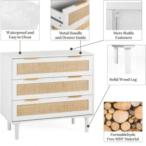 3 Drawer Dresser for Bedroom, Rattan Dresser Modern Closet Dressers Chest of Drawers, Wood Black 3 Drawer Storage Chest - Image 4