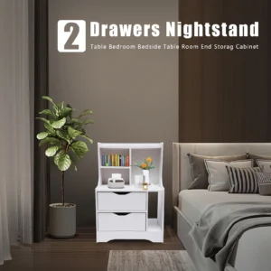 White 2 Drawers Dresser with Top Cabinet Storage Nightstand End Bedside Table Storage Cabinet Chest of Drawers with Open Shelf - Image 2
