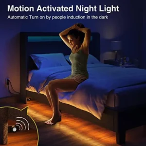 LED Twin Size Bed Frame with Charging Station and Motion Activated Night Light Dark Gray USB Port Remote Control Modern Style - Image 3