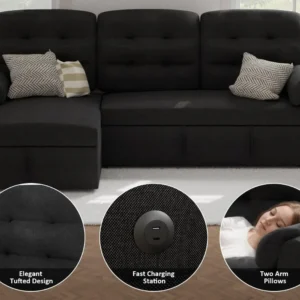 Sectional Sofa, with Reversible Storage Chaise Pull Out Couch for Living Room |Charging Station | Removable Backrest - Image 4
