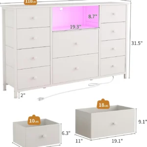 Dresser with Charging Station and LED Lights, Long for Bedroom TV Stand with 10 Drawers, Fabric Chest of Drawers, vanity desk - Image 3
