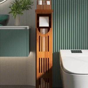 Bamboo Toilet Paper Holder with Storage, Bathroom Toilet Paper Storage Cabinet, Small Bathroom Storage Cabinet for Sm