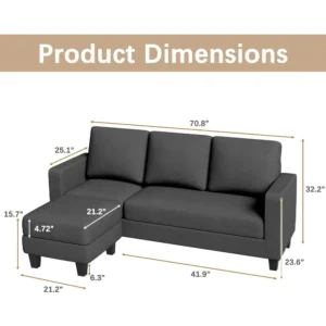 Convertible Sectional Sofa Couch, L Shaped 3-Seat Small Couch for Living Room with Ottoman Modern Fabric Chaise for Apartment - Image 2