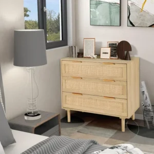 3 Drawer Dresser for Bedroom, Rattan Dresser Modern Closet Dressers Chest of Drawers, Wood Black 3 Drawer Storage Chest - Image 2