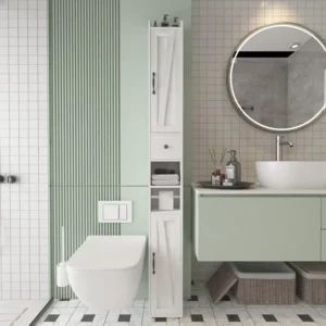 Bathroom Cabinet with Adjustable Shelf, Storage Cabinet for Small Space, Tall Cabinet with Retractable Toilet Paper Rod