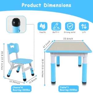 AOOU 47.2‘’ Kid Table and 4 Chairs Set, Height Adjustable Toddler Study Table&Chair Set for Age 2-10, Multi-Activity Art Table - Image 2