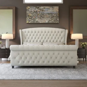 King Size Platform Bed Frame, Chenille Upholstered Sleigh Bed with Scroll Wingback Headboard & Footboard/Button Tufted,Beds - Image 3