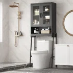 Over The Toilet Storage Cabinet with Tempered Glass Doors & Adjustable Shelf, Bathroom Organizer with Metal Stand Space Saver