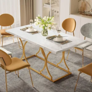 63" Luxury Dining Table Kitchen Dining Room Table Rectangle Modern Marble White Dinner Table with Gold Metel Frame for 6 People - Image 5