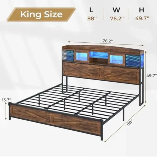 King Size Farmhouse Style Bed Frame with LED Lights Charging Station Rustic Brown Storage Headboard Sliding Doors Metal Steel - Image 2