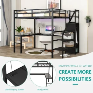 Full Size Loft Bed with Desk,Storage Stairs and Wardrobe,Full Loft Bed with Charging Station(USB Port,Outlets) and RGB LED Light - Image 5