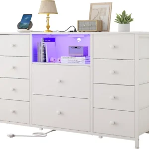 Dresser with Charging Station and LED Lights, Long for Bedroom TV Stand with 10 Drawers, Fabric Chest of Drawers, vanity desk