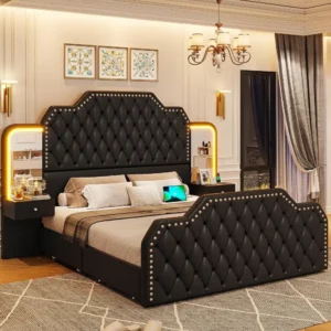 PU Leather Upholstered Queen Bed Frame With Deep Button Tufted Headboard and Headboards Bedroom Black Platform Bed Frame - Image 3