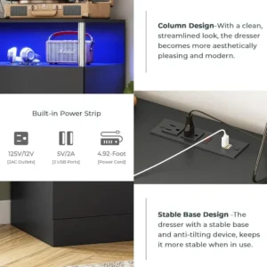 Black Dresser for Bedroom with 6 Drawers, Dressers & Chests of Drawers with Column Design & Charging Station, Modern Bedroom - Image 4
