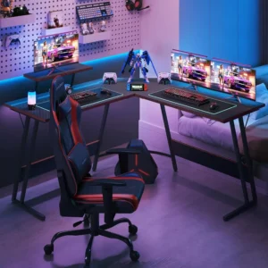 L Shaped Gaming Desk, 51 Inch Computer Corner Table with Large Monitor Stand & Carbon Fiber Surface , Black - Image 2